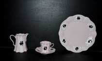 Cup and saucer, milk jug, shallow plate Olga 418, pink porcelain